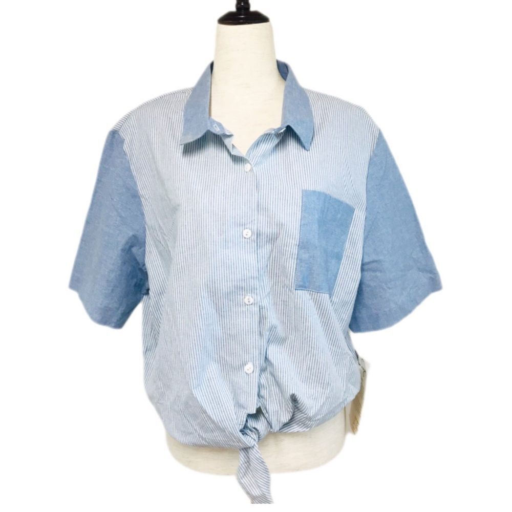 VINTAGE Deadstock 80s 90s Cropped Button‎ Down Shirt Tie Waist Boxy Size XL New